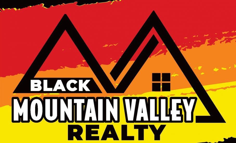 A black mountain valley realty logo on a colorful background