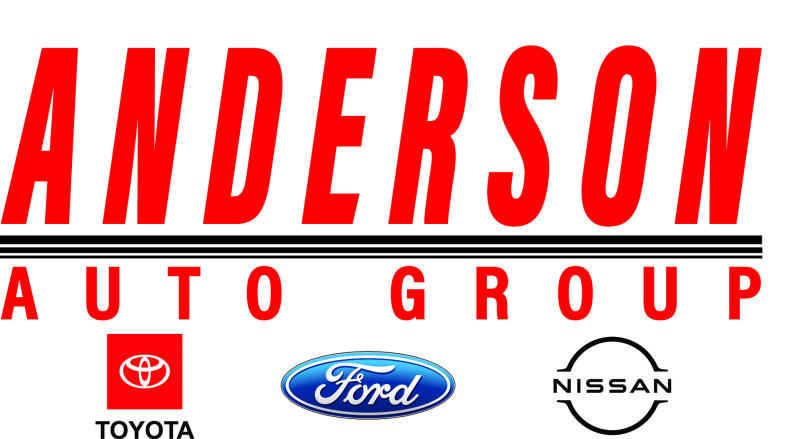 The logo for anderson auto group includes logos for toyota , ford and nissan.