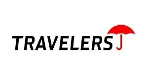 A logo for travelers j with a red umbrella on a white background.