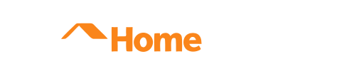 Orange home icon and the word “Home” on a white background