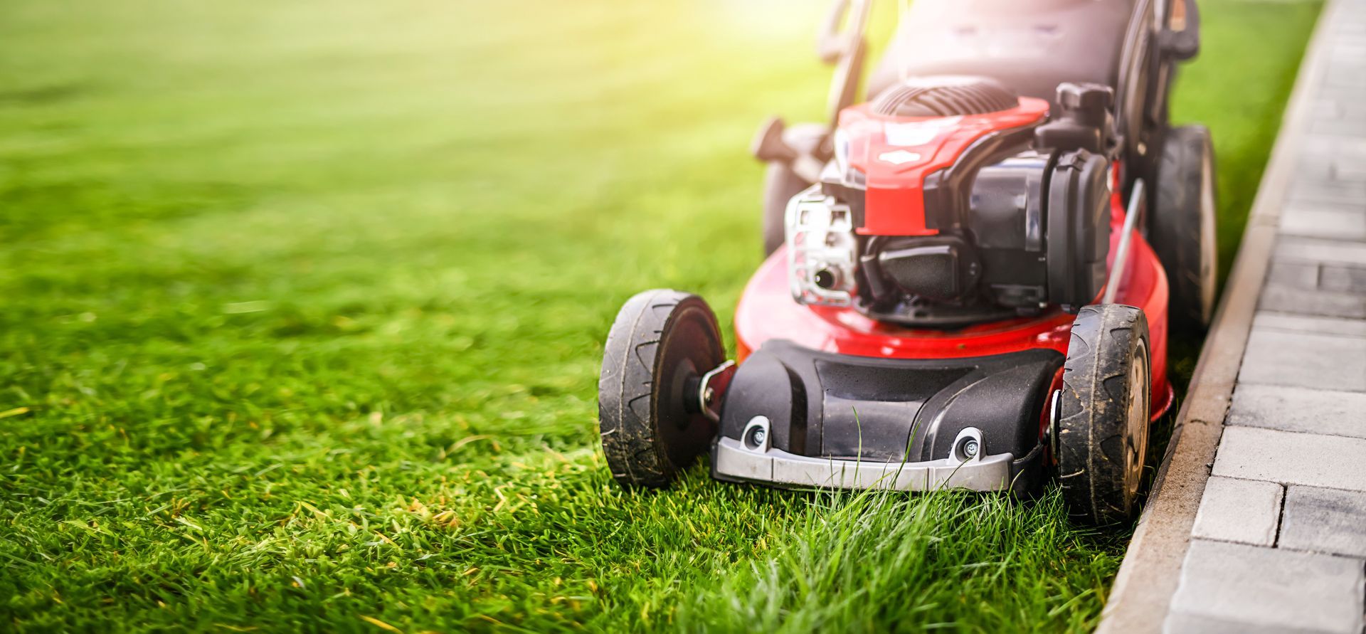 Lawn mower cutting green grass along a paved walkway.