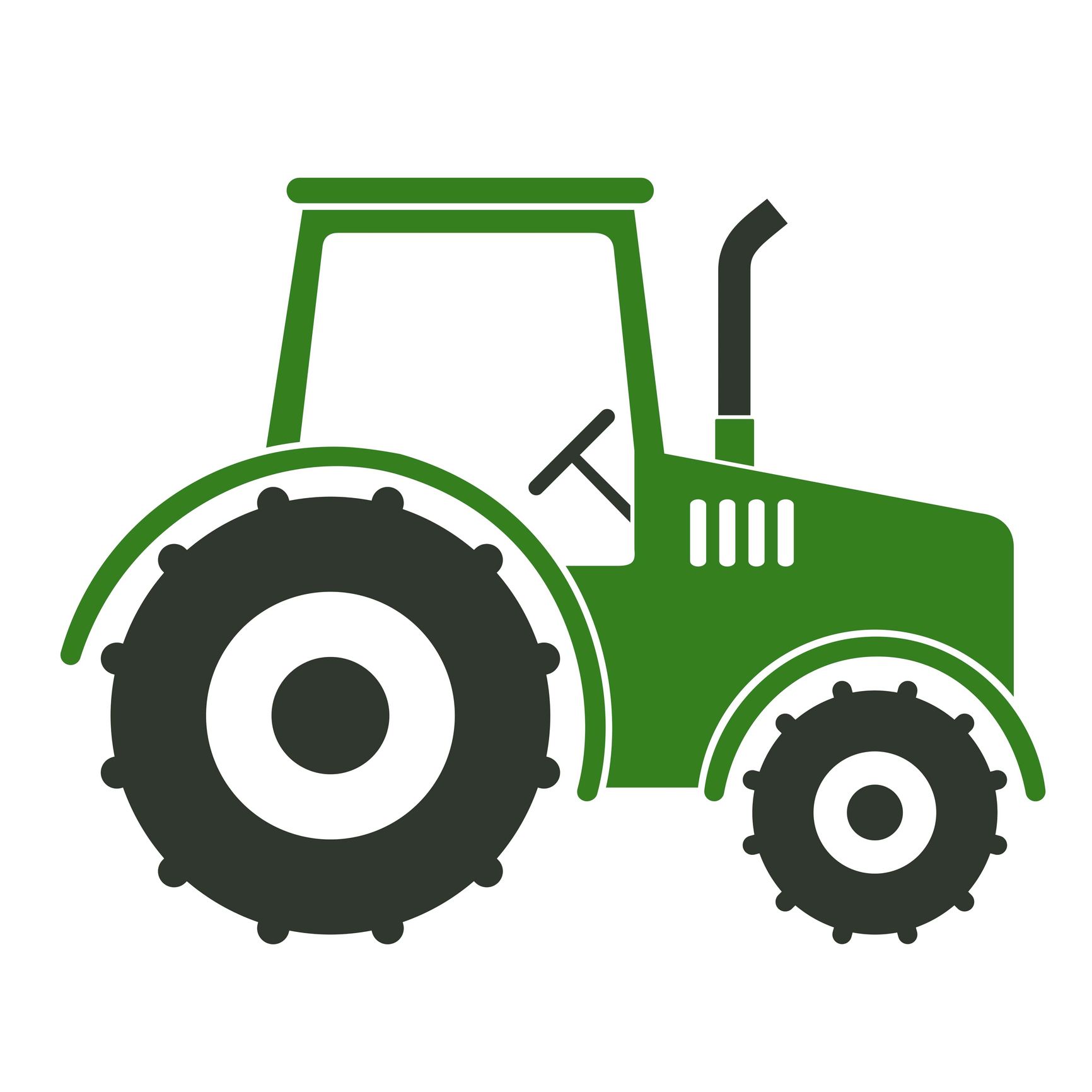 A green tractor with black wheels and tires on a white background.