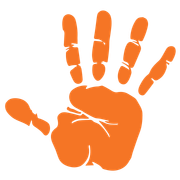 An orange hand print on a white background