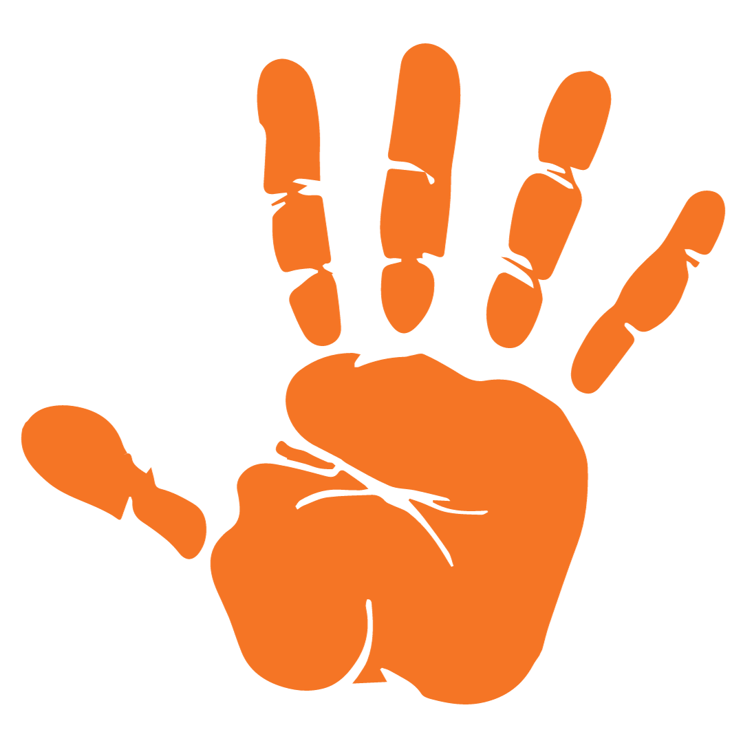 An orange hand print on a white background