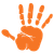 An orange hand print on a white background