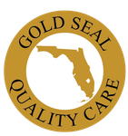 A gold seal quality care logo with a map of florida