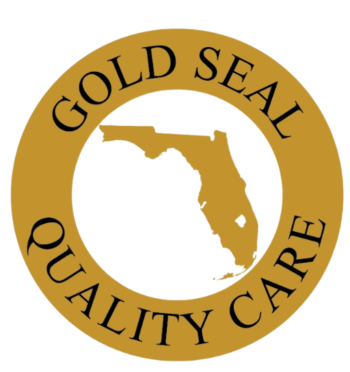 A gold seal quality care logo with a map of florida