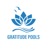 Blue lotus flower with two birds above waves; "GRATITUDE POOLS" text below.
