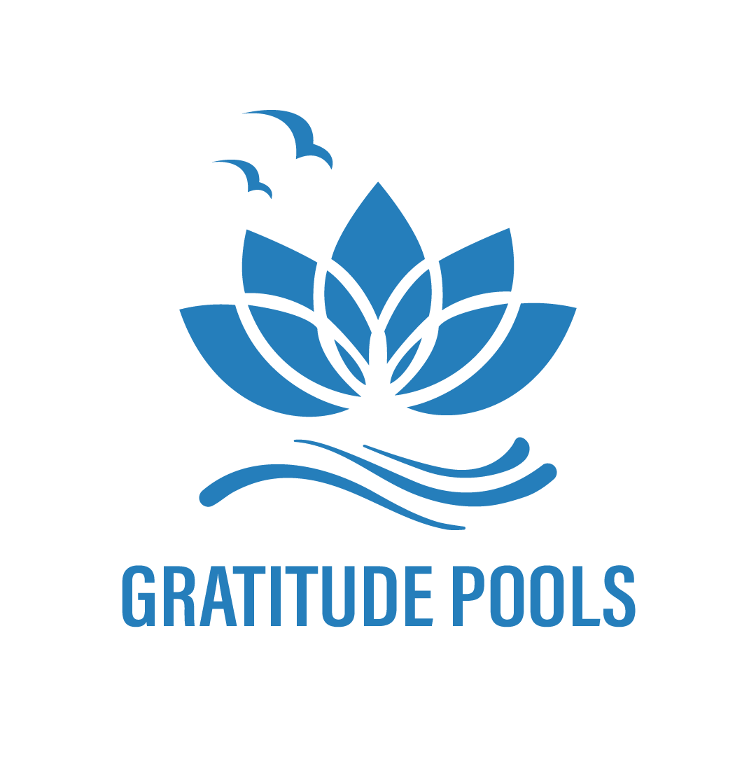 Blue lotus flower with two birds above waves; "GRATITUDE POOLS" text below.