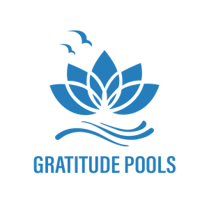 Blue lotus flower with two birds above waves; "GRATITUDE POOLS" text below.