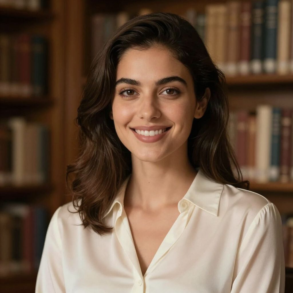 Woman in white shirt smiles in a library, dark hair and bookshelves in background.