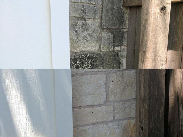 a before and after picture of a brick wall and a wooden fence .