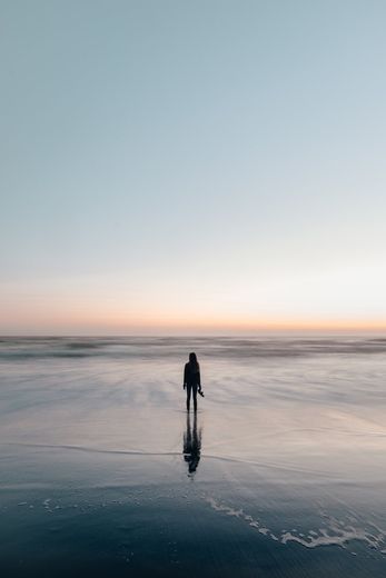 a person is standing on a beach looking at the ocean .