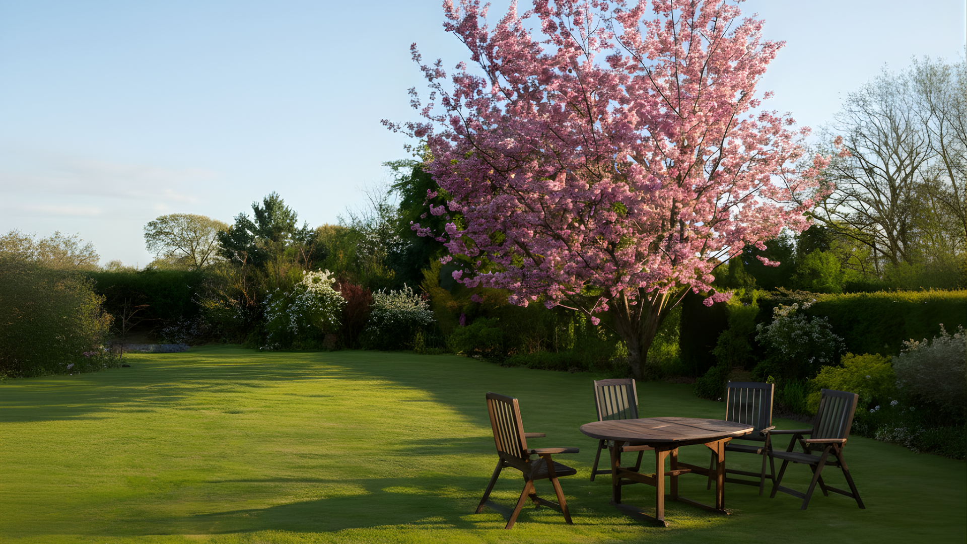 Garden scene with a blooming pink cherry blossom tree, surrounded by foliage. Four wooden chairs and a table on grass.