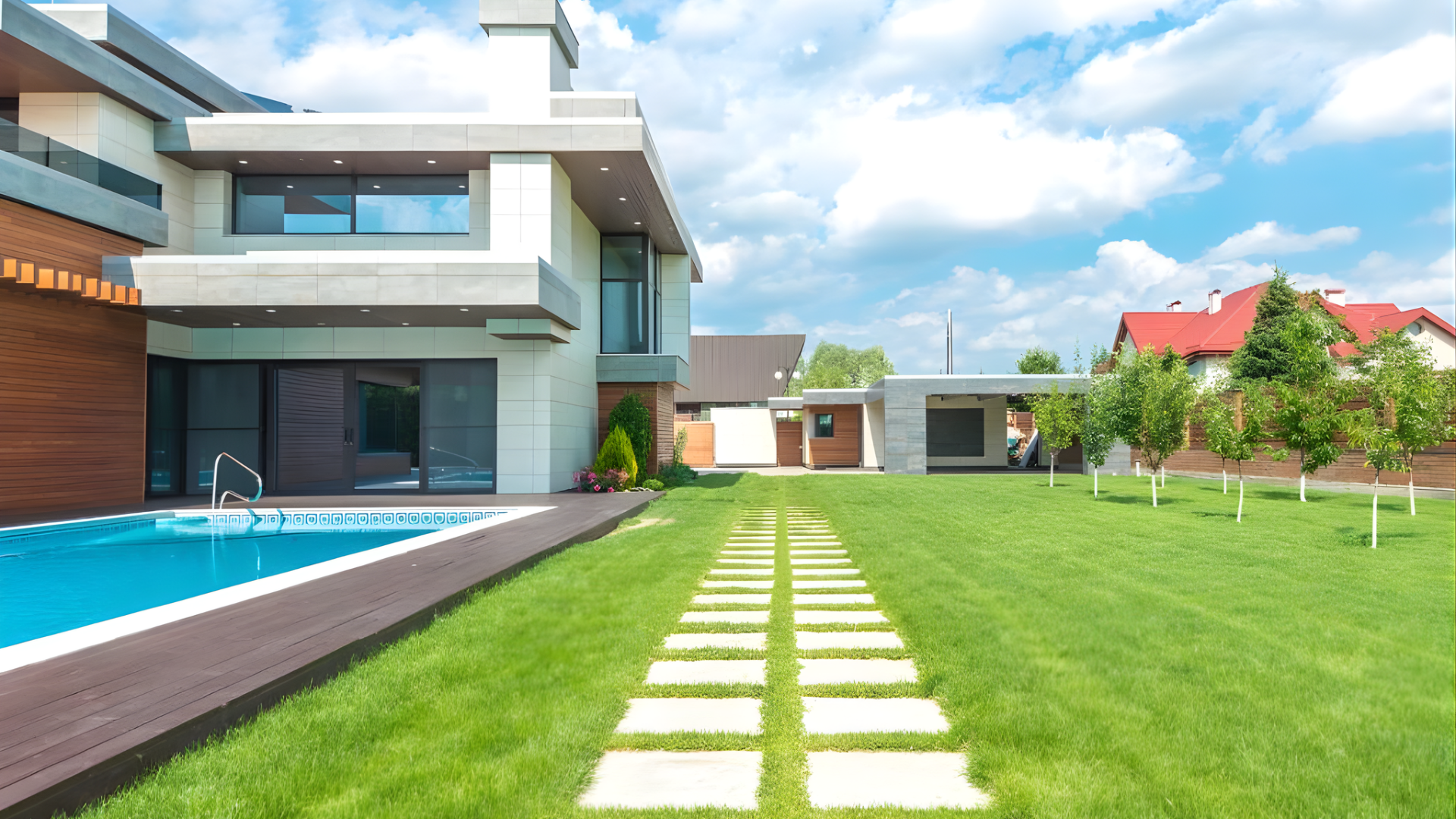 Modern house with pool, path, and green lawn under a blue sky with clouds. Red-roofed house and trees in background.
