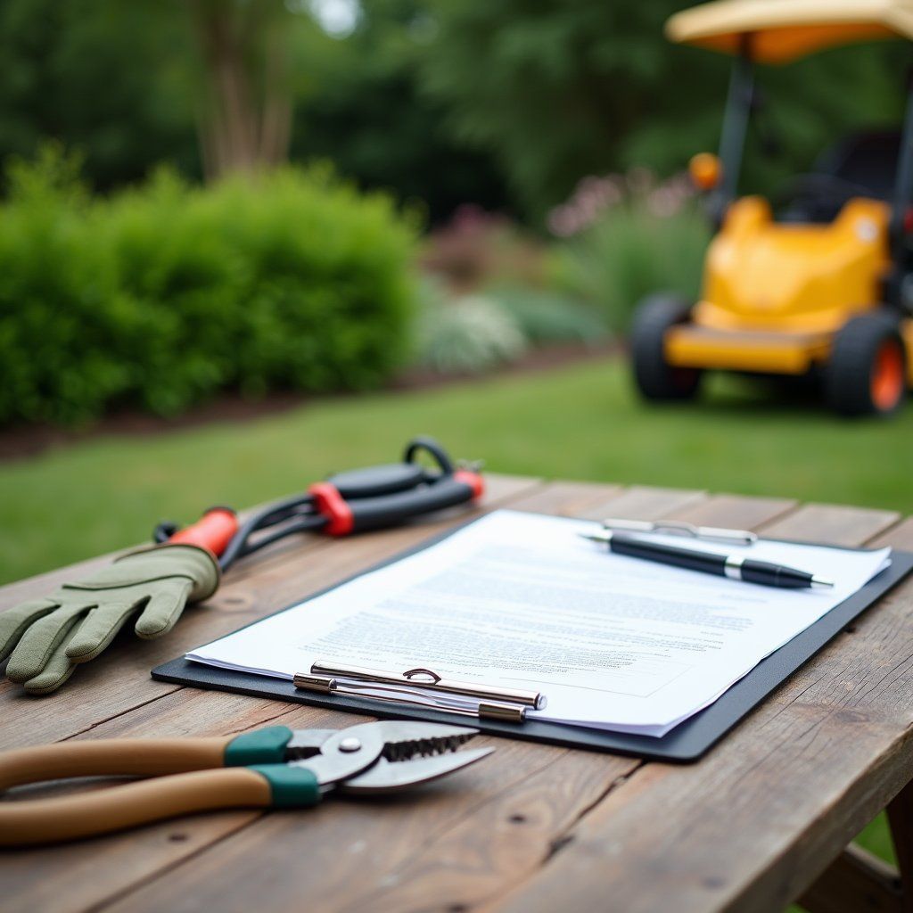 Gardening tools, gloves, and a clipboard with papers on a table. Blurred lawn mower in the background.