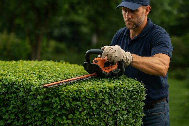 Male Person trimming a hedge with an electric trimmer, wearing gloves and a blue shirt outdoors.