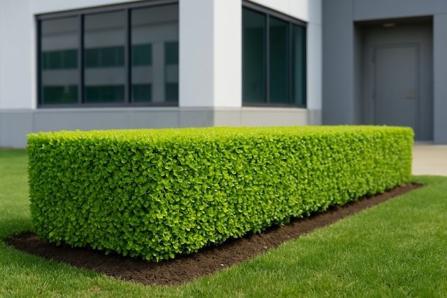 Trimmed green hedge borders a modern building with large windows and a gray door, surrounded by neat grass.