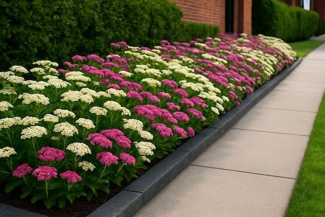 A garden bed with pink and white flowers lines a neatly trimmed sidewalk beside a brick building and green hedge.