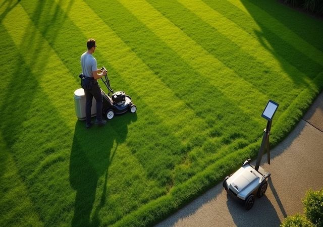 Man mowing striped lawn with a push mower; autonomous robot mower on path beside him in the sunlight.