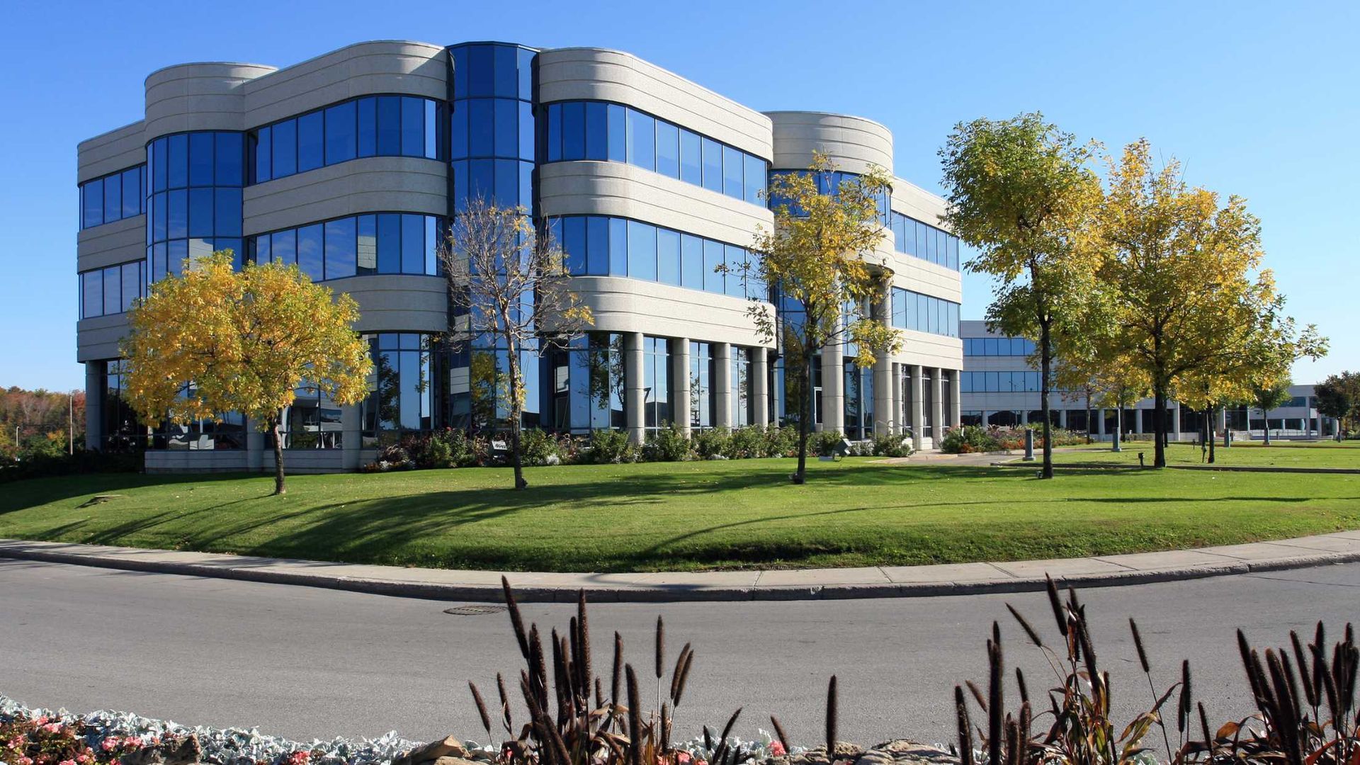 A large building with a lot of windows and trees in front of it
