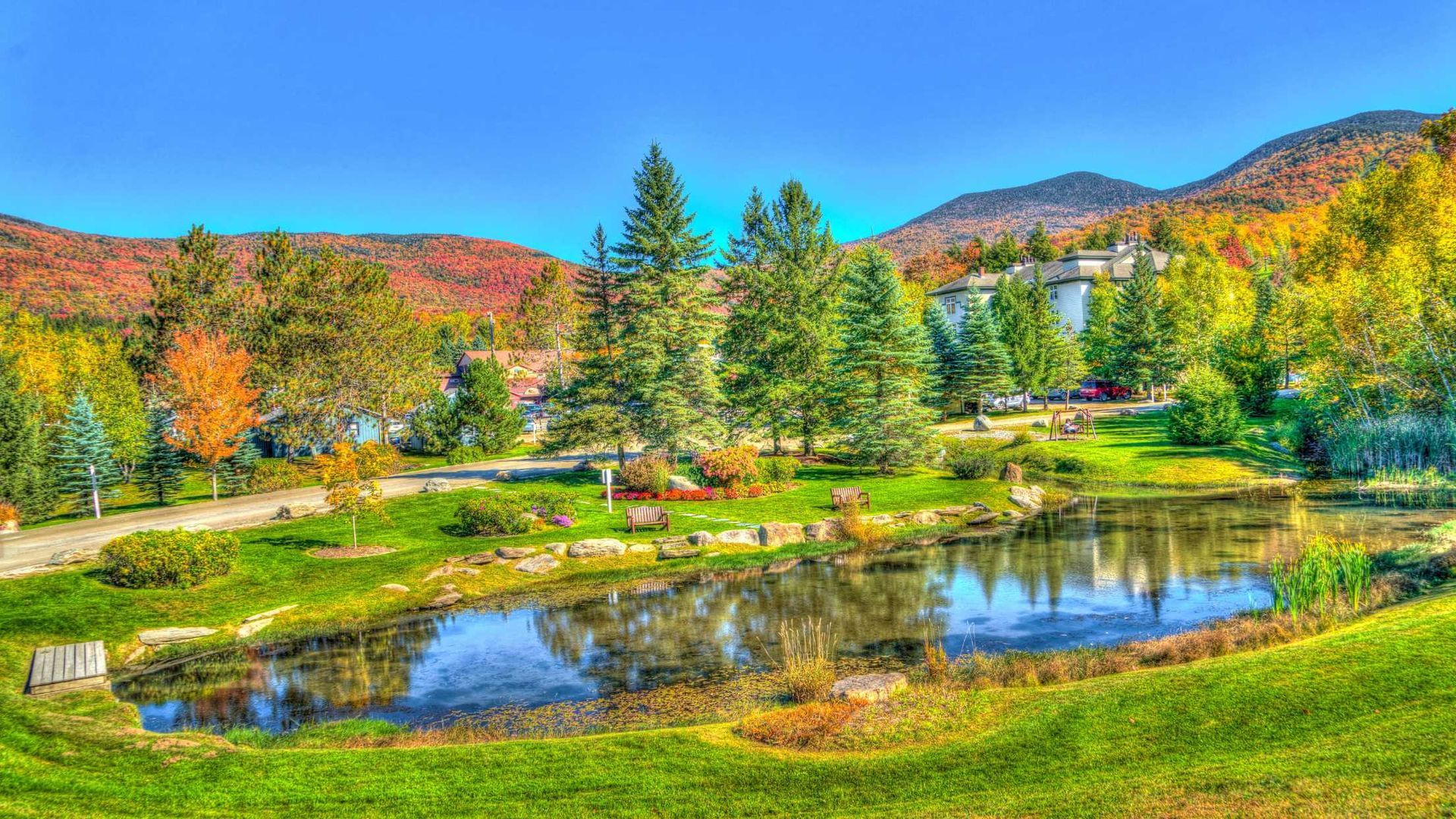 There is a pond in the middle of a park with mountains in the background.