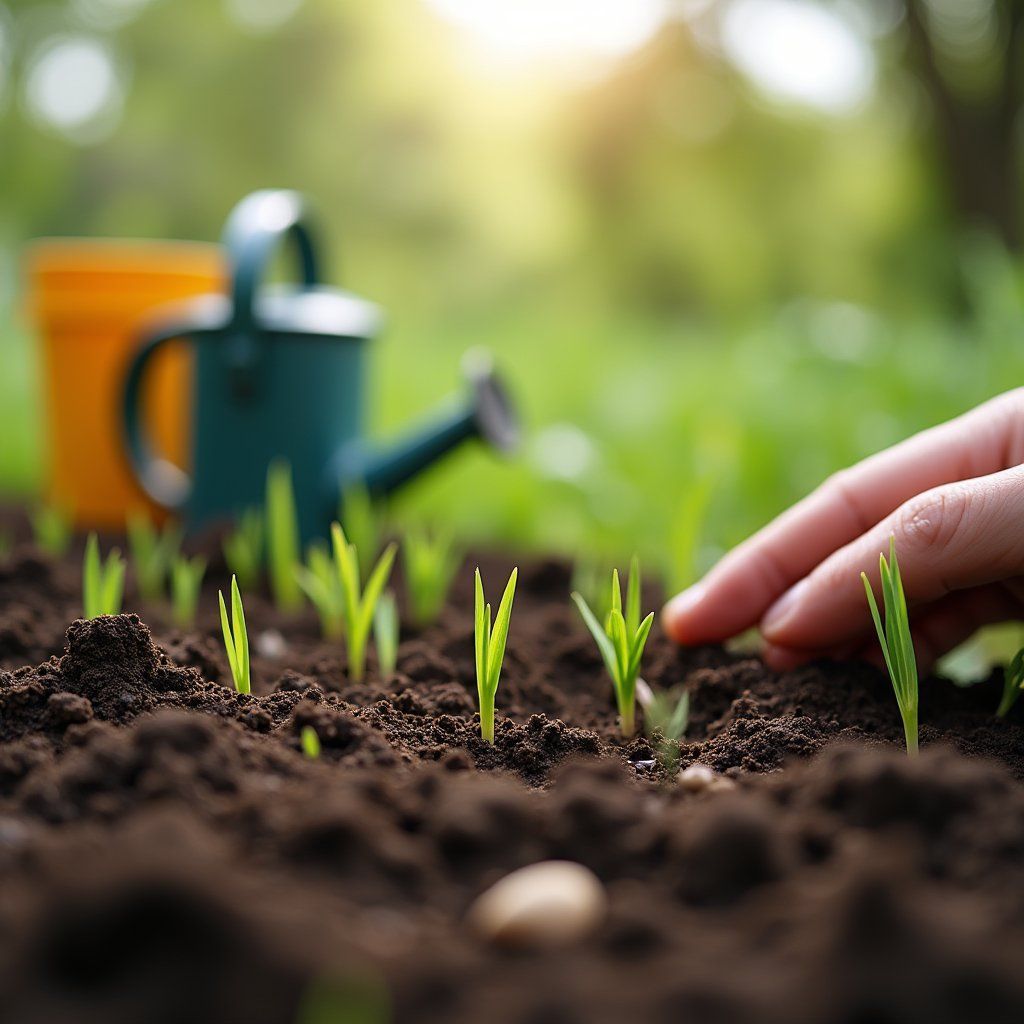 A hand gently touches young green sprouts in soil, with a watering can and blurred greenery in the background.