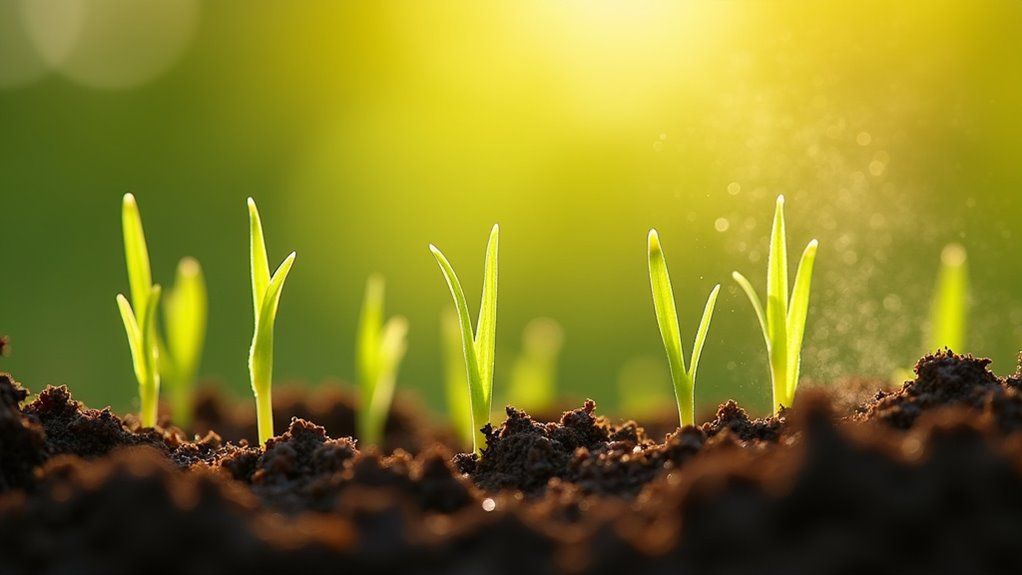 Young green sprouts emerging from soil, bathed in warm sunlight. A symbol of growth and new beginnings.