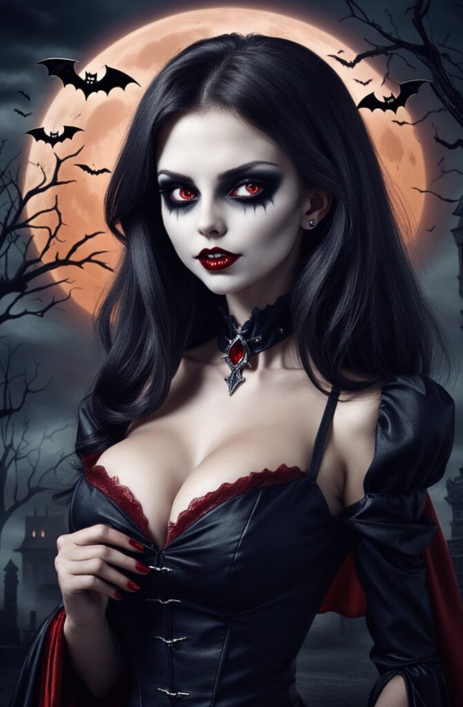 Woman with long dark hair, wearing a black choker with a red gem. Bats flying in front of a full moon and dark trees.