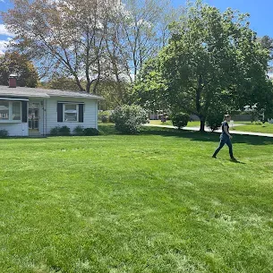 Female Person walking on a sunny day across a green lawn in front of a small house with trees in the background.