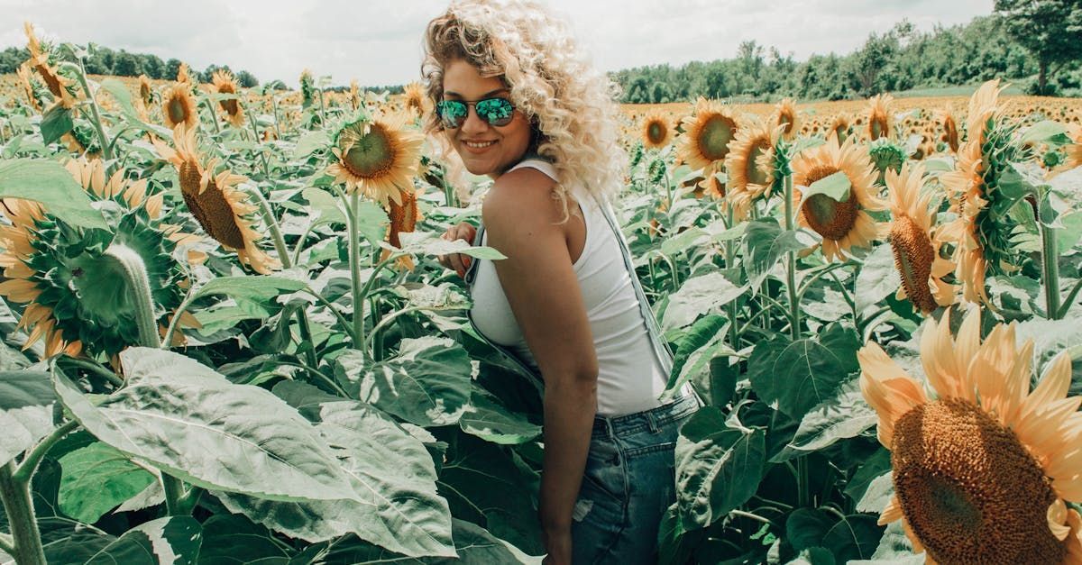 Person standing in a sunflower field, surrounded by tall green stems and vibrant yellow blossoms under a cloudy sky.