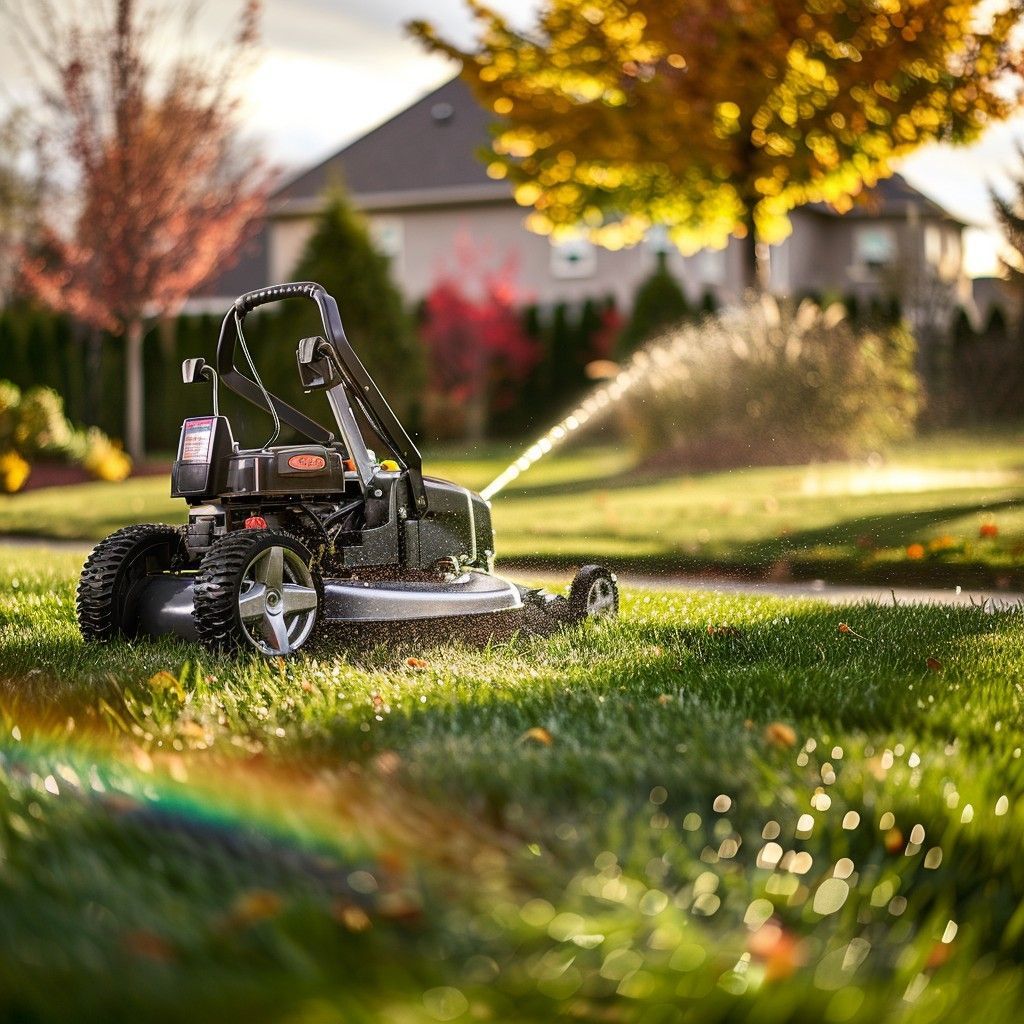 Lawn mower on lush grass, sprinkler spraying water, autumn trees with colorful leaves in background, sunny day.