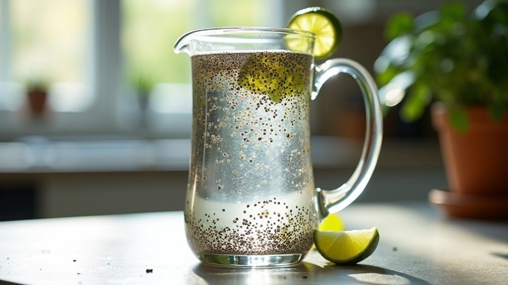 A glass pitcher filled with chia seed water, garnished with lime slices, sits on a sunlit table.