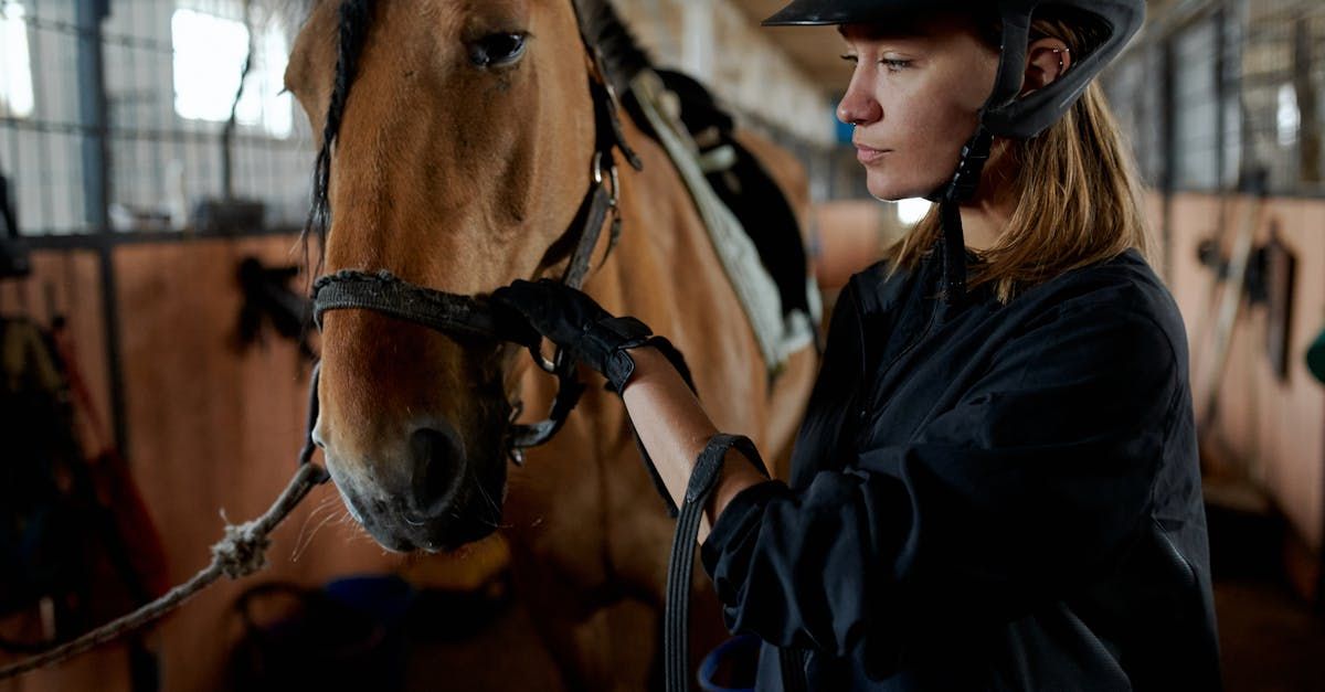 A Woman in equestrian gear holding a brown horse's bridle in a stable, surrounded by tack and wooden walls.