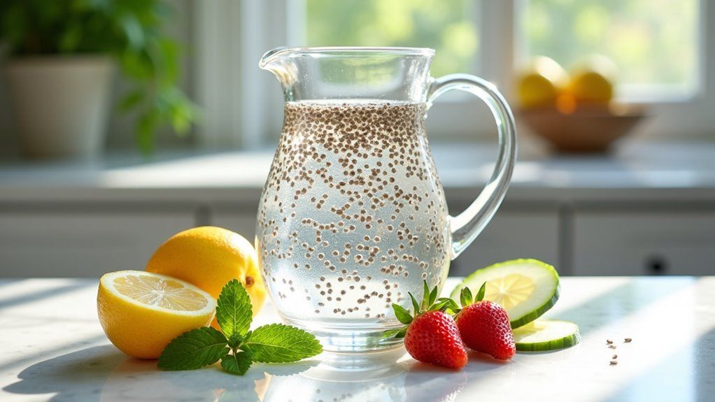 Pitcher of chia water with lemons, strawberries, cucumber slices, and mint on a sunlit kitchen counter.