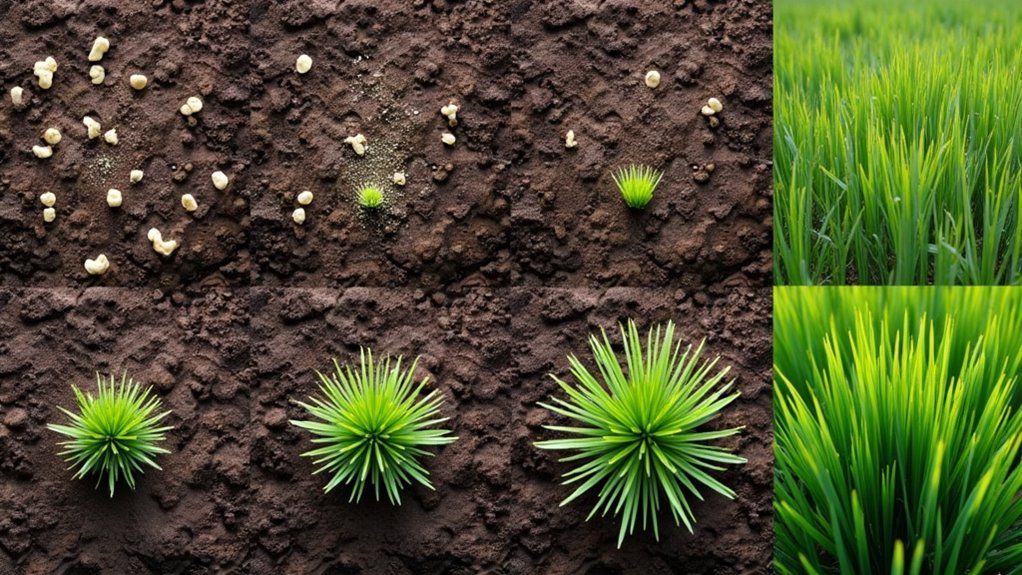 Stages of plant growth: seeds on soil, small sprouts, budding plants, lush green grass, and mature plants.