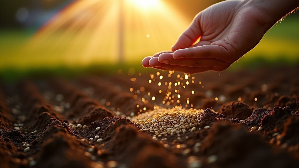 Hand sprinkling seeds over soil rows in sunlight, symbolizing growth and nurturing in a vibrant farm setting.