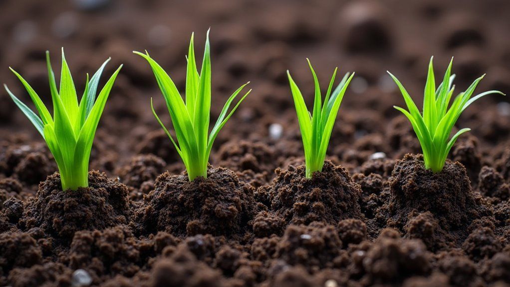 Four green sprouts emerging from brown soil, symbolizing growth and new beginnings, with blurred background.