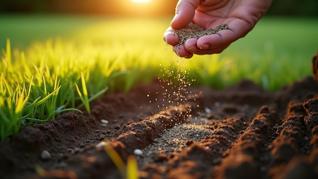 Hand sprinkling seeds into soil, with green grass and warm sunlight in the background.