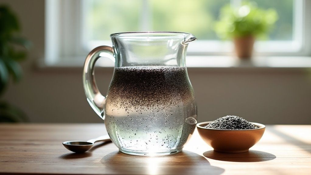 Glass pitcher with chia seeds in water, next to a bowl and spoon on a wooden table, with sunlight streaming in.