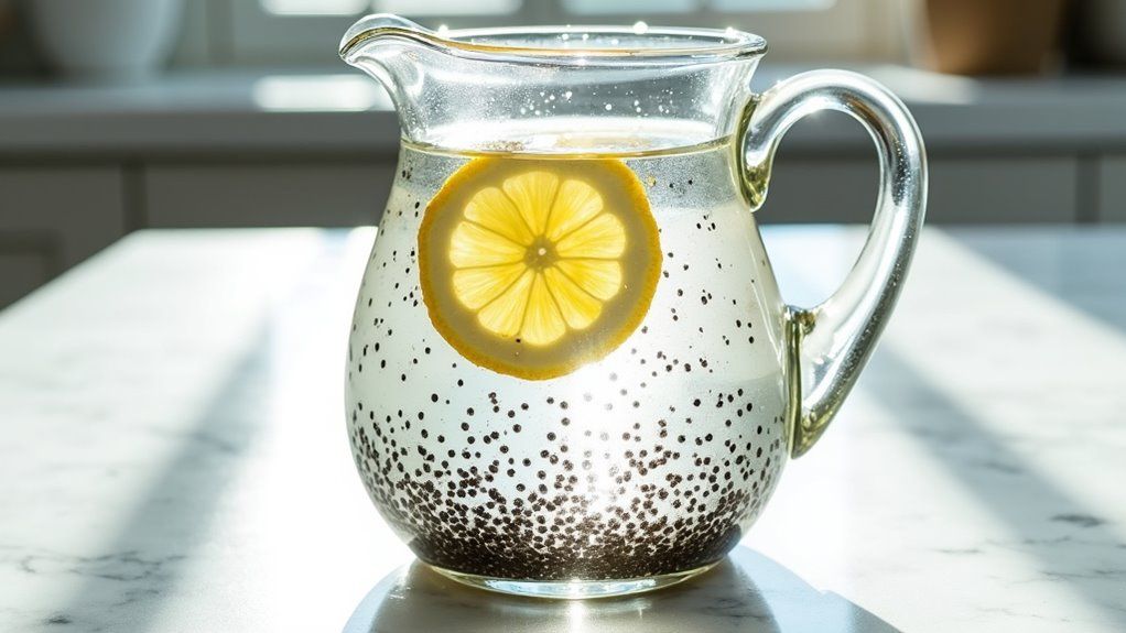 A glass pitcher filled with chia seed water and a lemon slice, placed on a sunlit white marble surface.