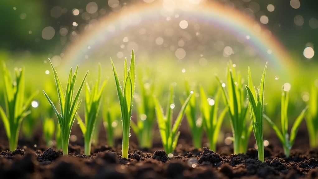 Close-up of young green seedlings in soil with a soft-focus rainbow and bokeh background.