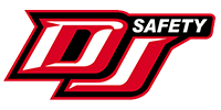 the dj safety logo is red and black on a white background .