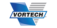 a blue and white logo for vortech on a white background .