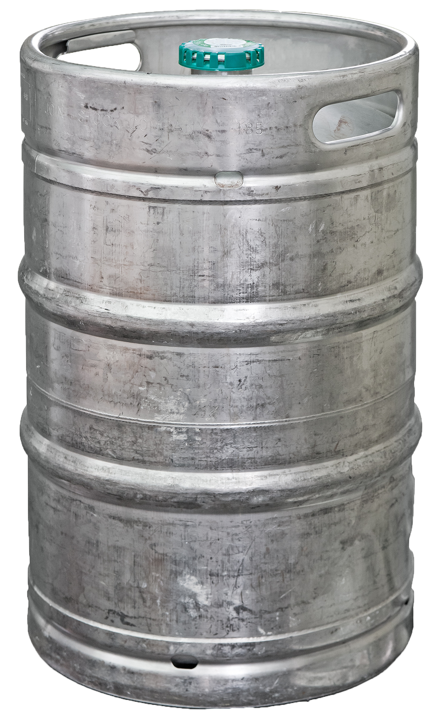 A metal keg with a green cap on top of it.