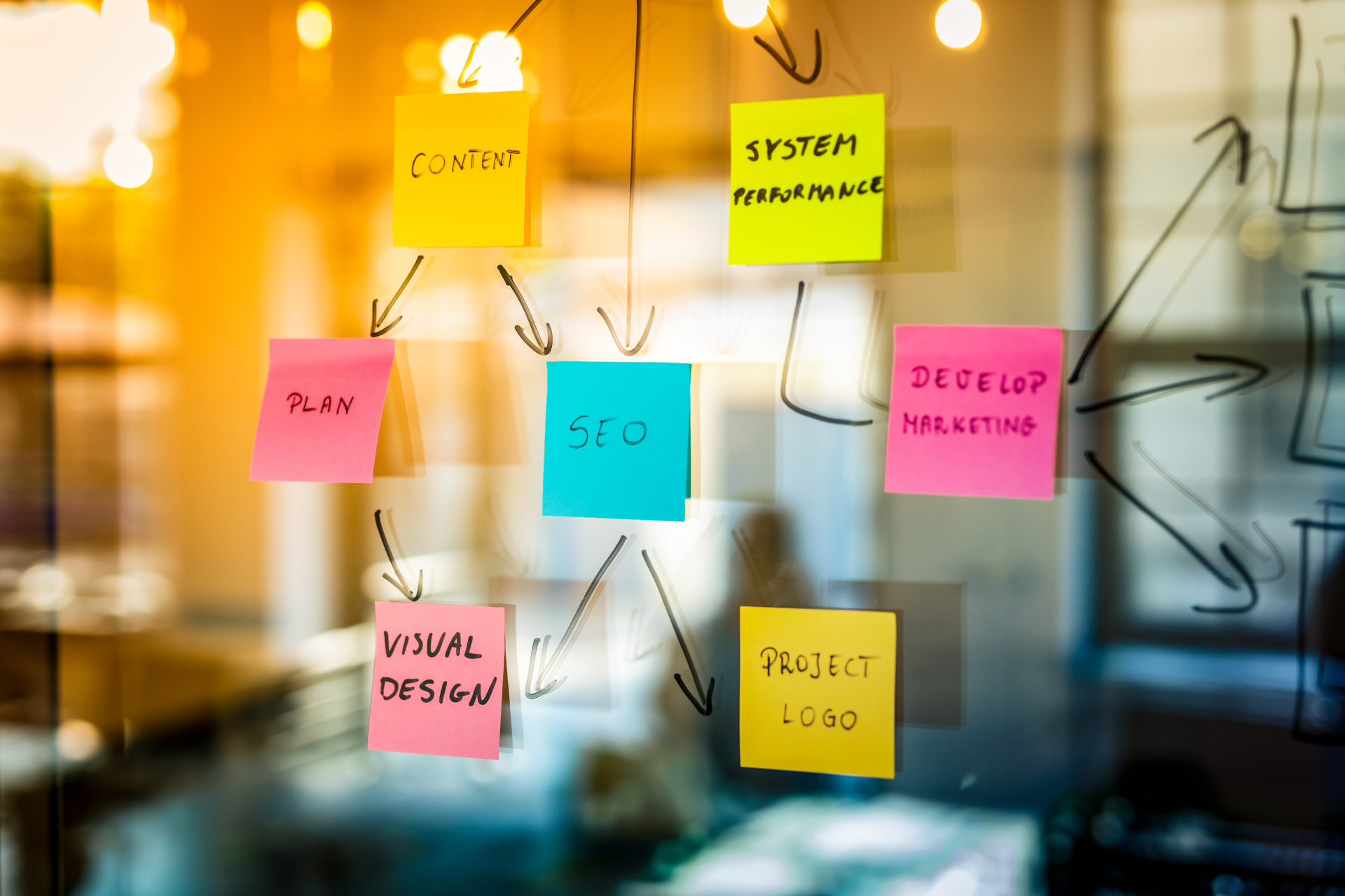 A glass wall with sticky notes on it and arrows pointing in different directions.