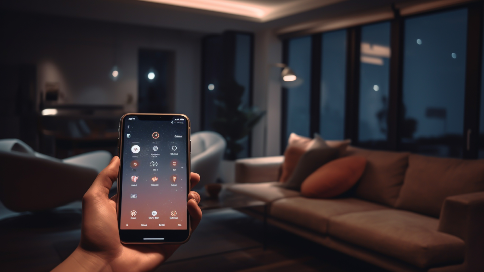 A person is holding a smart phone in their hand in a living room.