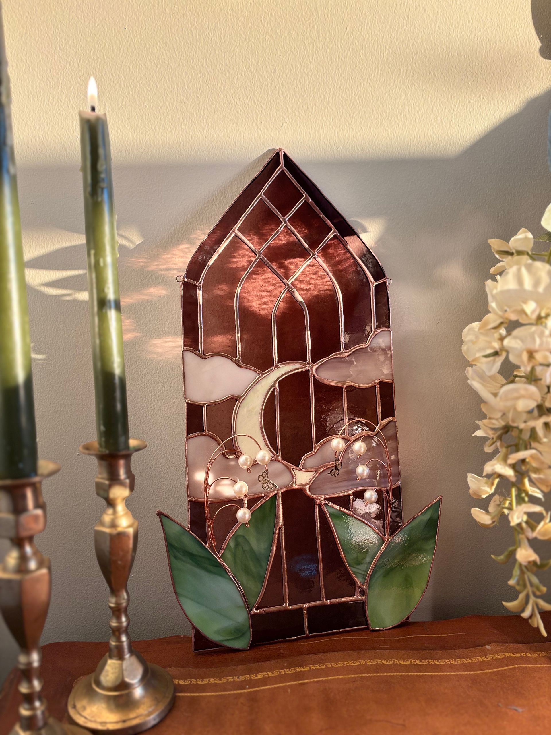 Moon Lily of the Valley Stained Glass Art Panel