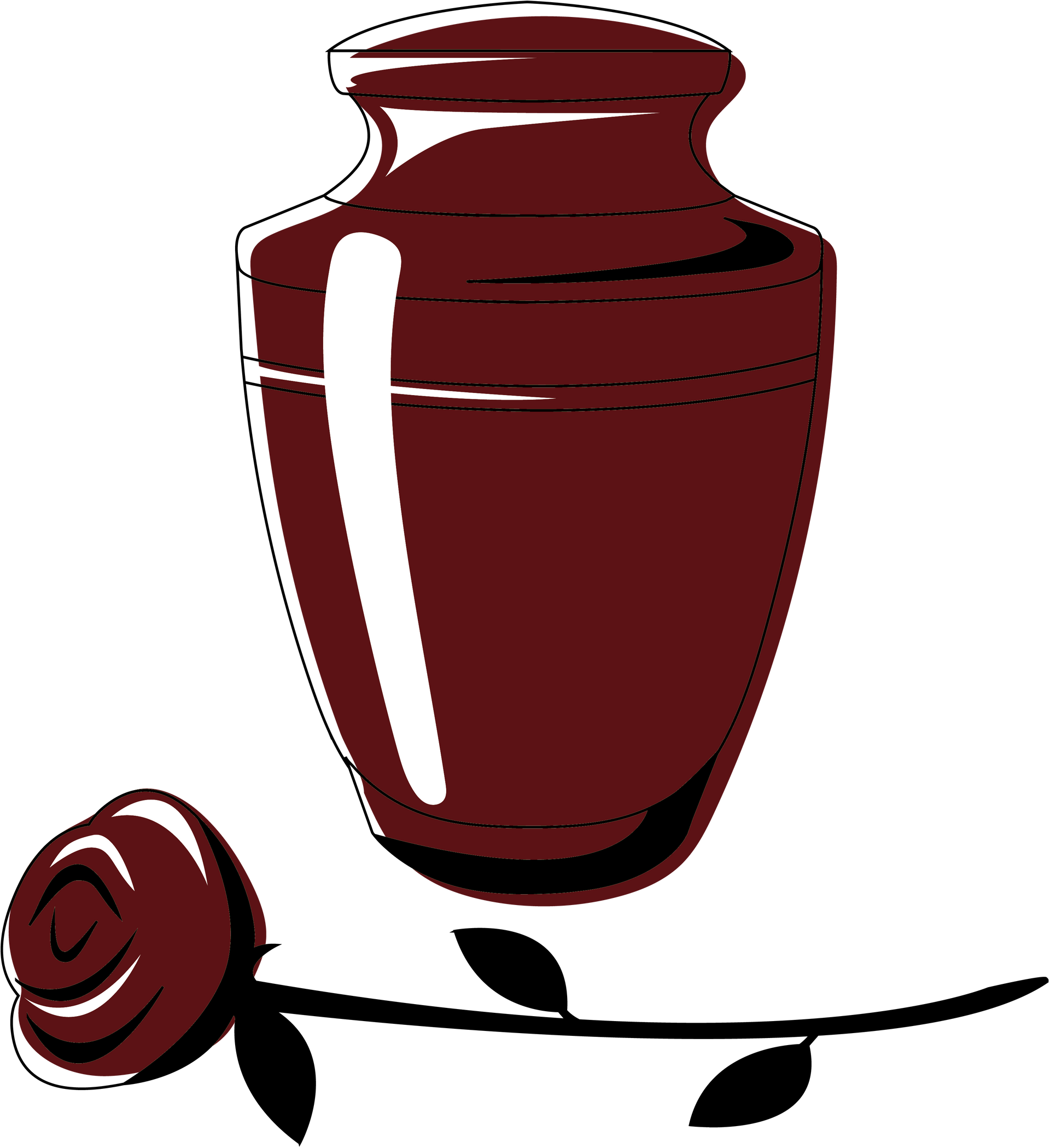 Cremation urn with a rose; burgundy and black colors.