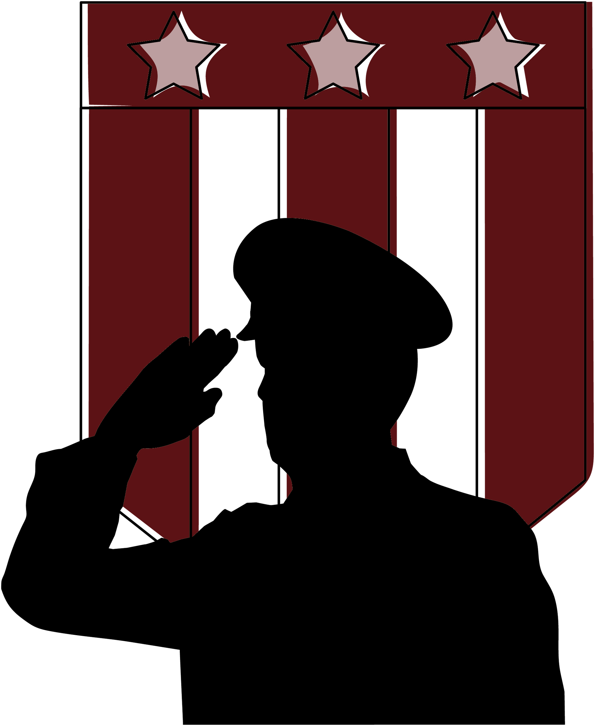 Silhouette of a person in uniform saluting in front of a patriotic shield with stars and stripes.